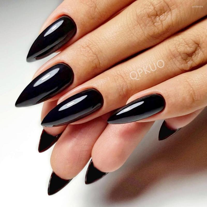 False Nails 24Pcs Shiny Black With Jelly Glue Artificial Long Stiletto Fake Nail DIY Full Cover Finger Tips Manicure Tool, Y 1827k 
False Nails 24Pcs Shiny Black With Jelly Glue Artificial Long Stiletto Fake Nail DIY Full Cover Finger Tips Manicure Tool, Y 1827k