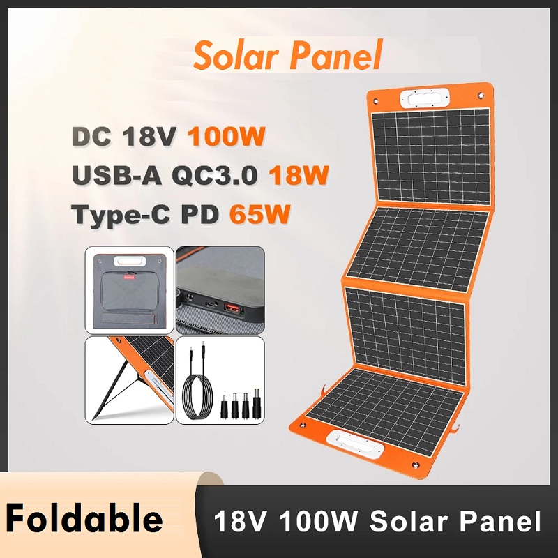 

100W Foldable Solar Panel Portable Phone Charger with DC 18V Output USB-C QC3.0 for outdoor power station power bank Phones charger Tablets Van RV Trip Camping fishing