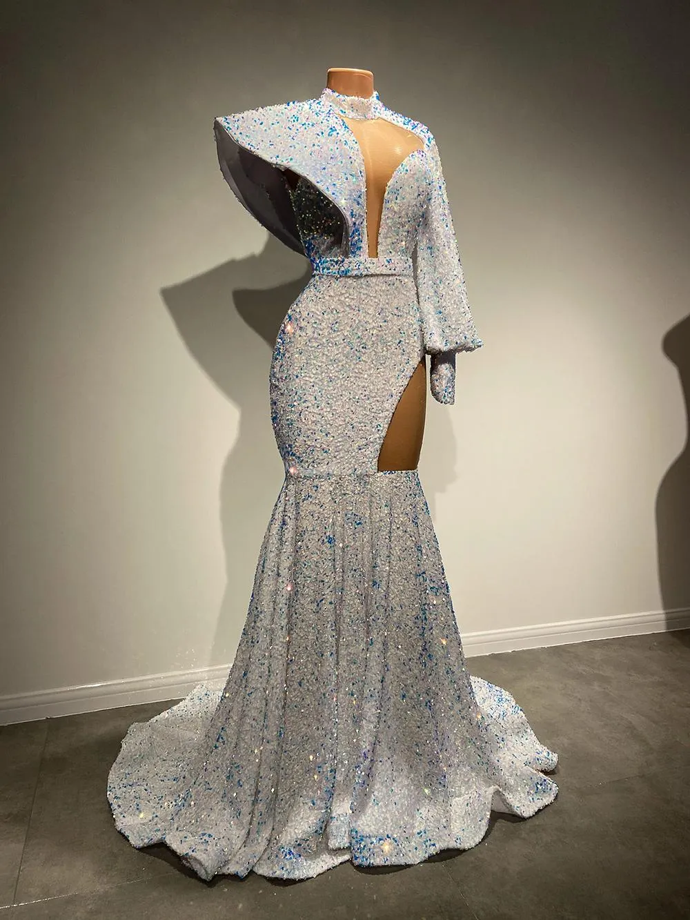 Stunning Long Sleeve High Neck Sexy Mermaid Style White Sparkly Veet Sequin African Black Girls Prom Dresses Bc14555