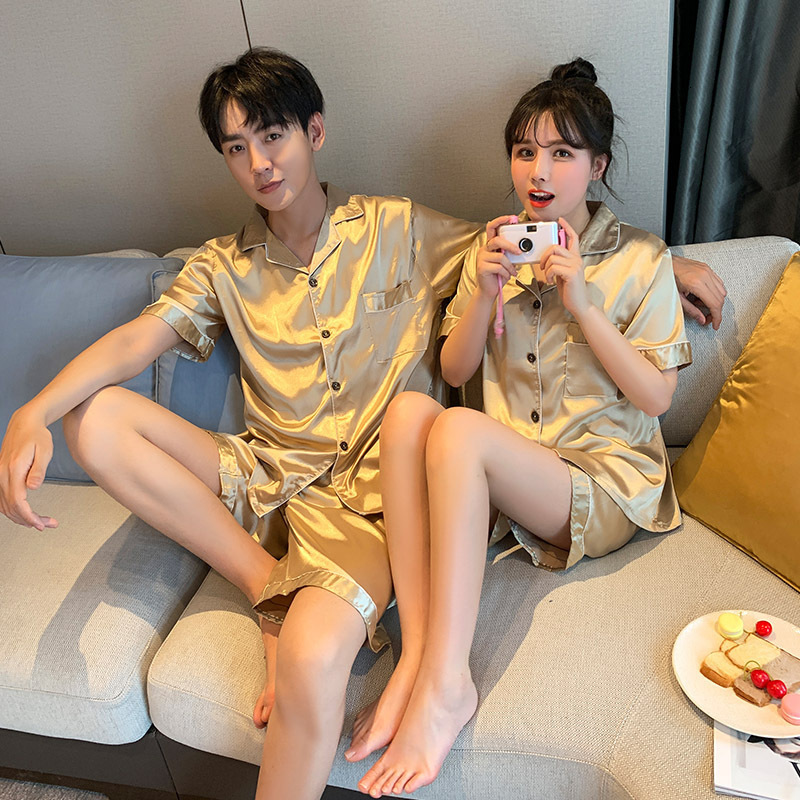 Men's Sleepwear Solid Color Sleepwear Silk Satin Pajamas Couple Set Short Button-Down Pyjamas Suit Pijama Women Men Loungewear Plus Size Pj Set 2