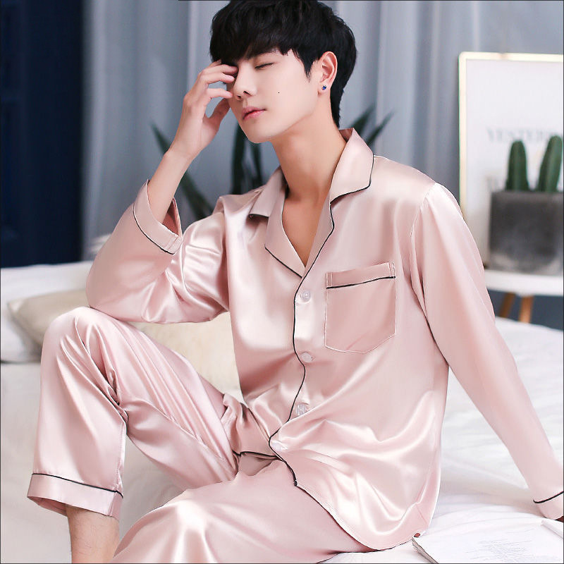 Men's Sleepwear Men's Stain Silk Pajama Set Men Silk Sleepwear Men Sexy Modern Style Soft Cozy Satin Nightgown Men Sets 230317