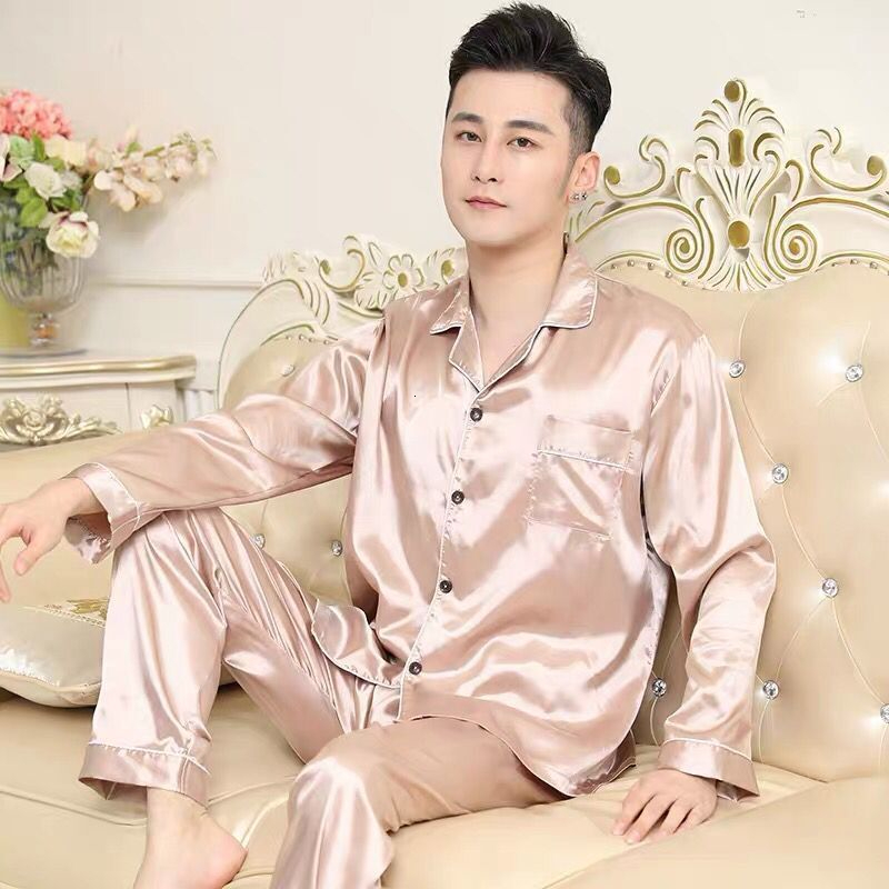 Men's Sleepwear Silk Pajamas Plus Size Men Solid Cute Pajamas for Men Summer Nightwear Pajama Two Piece Set Satin Silk Pyjamas Loungewear 230317