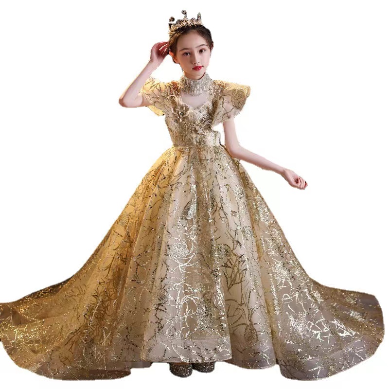 Handmade Flower Girls Dresses necklace Bead Princess Kids crystal sequined long tain Bridesmaid Dress princess Girl Pageant Ball Gown Toddler Gowns