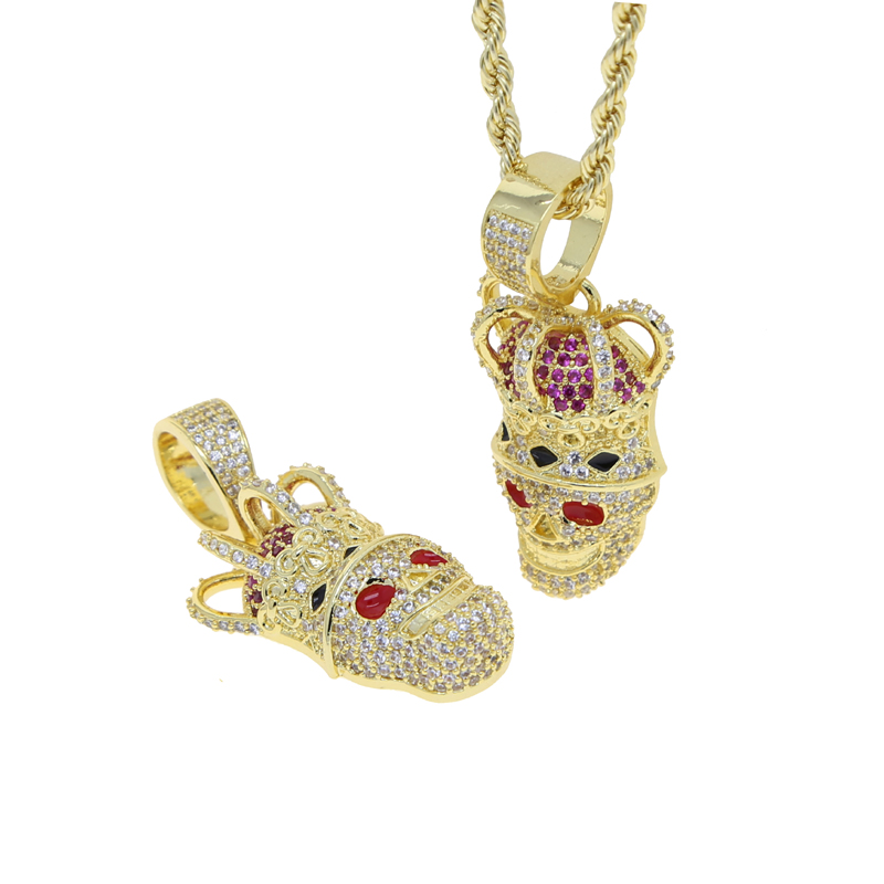 Fashion Bling Cz Paved Crown Shaped Skull Pendant Iced Out Cubic Zirconia Gold Plated Hip Hop Rock Jewelry for men women punk styles necklace drop shi