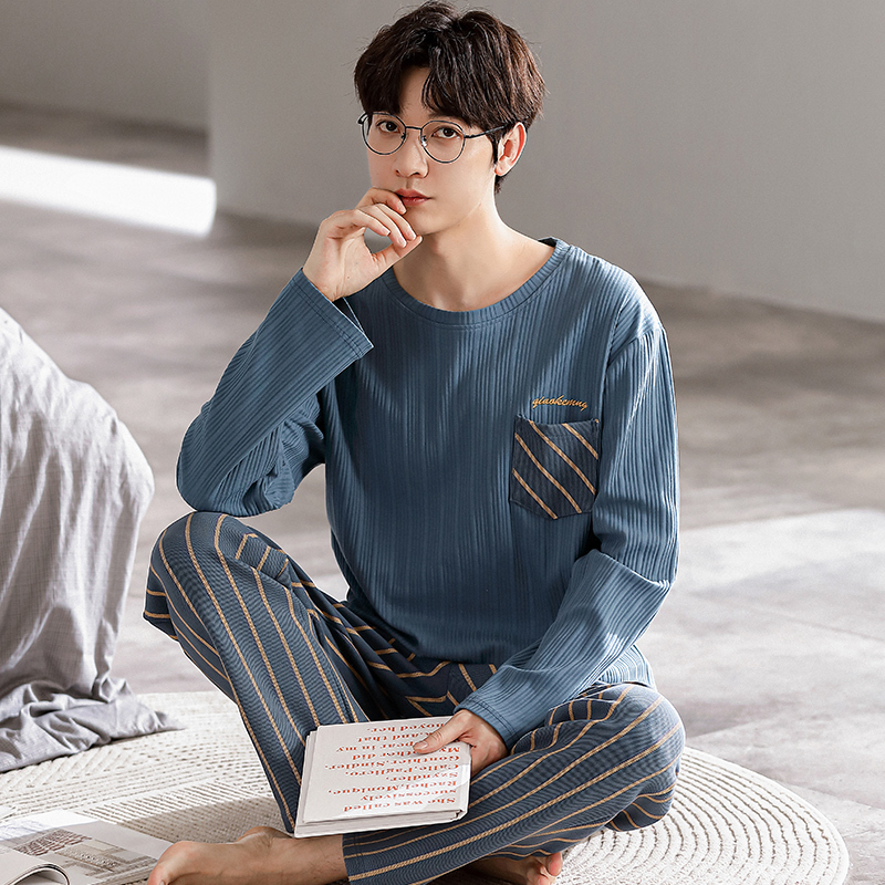 Men's Sleepwear Men's Pajamas Set Autumn Winter Leisure Elastic Waist Men Sleepwear Cotton Men's Long Sleeve Nightwear Trousers Homewea