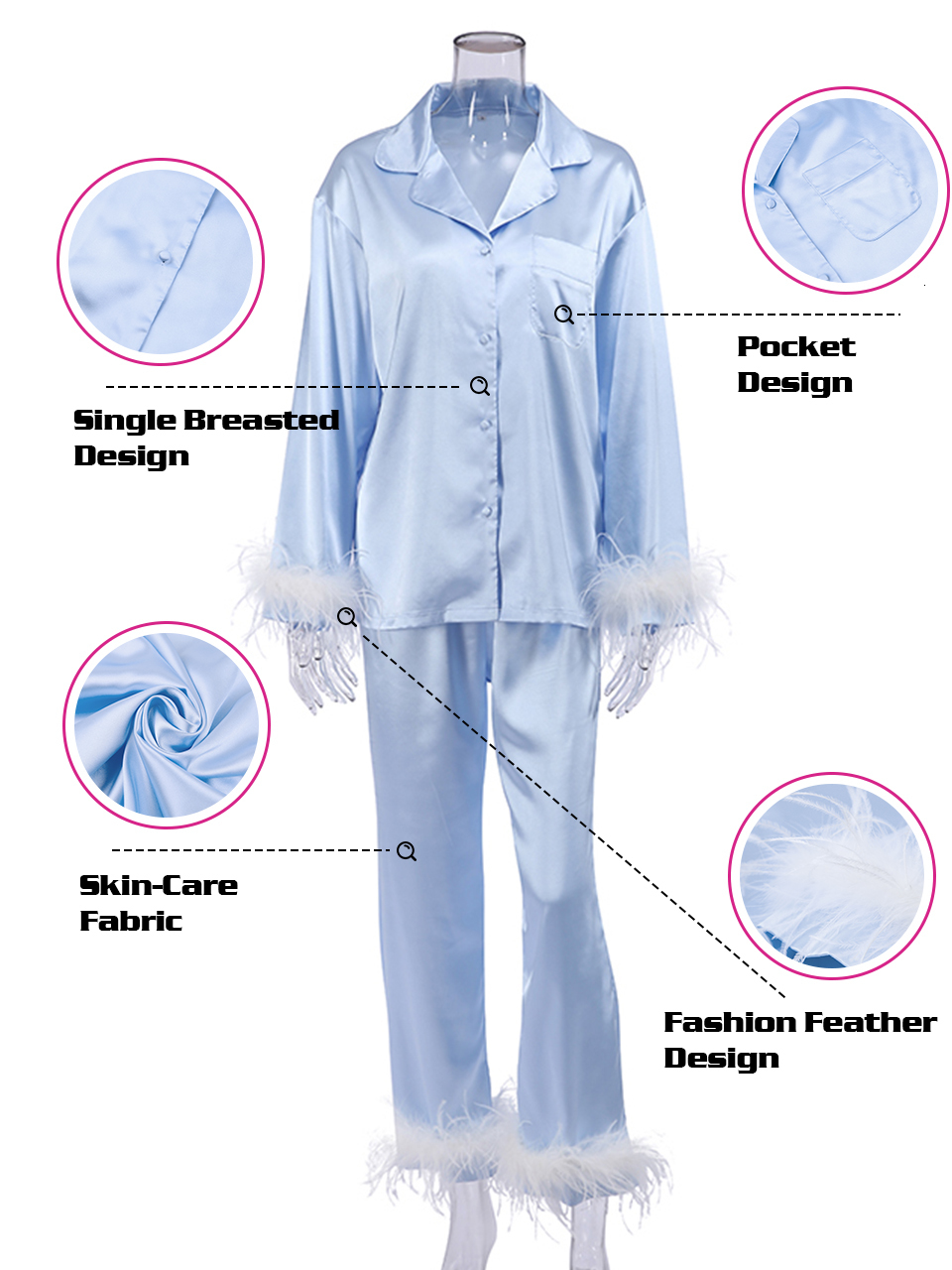 Womens Sleepwear Solid Color Robe With Feathers Single Breasted Turn Down Collar Women Sleeping Clothes Set Satin Pajamas Sets 230317