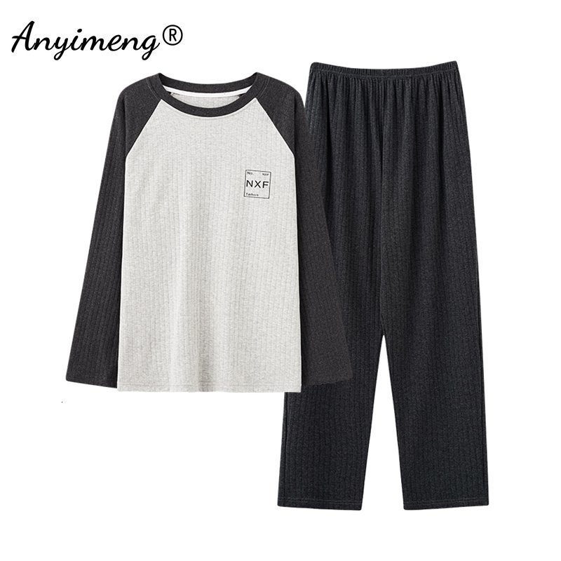 Men's Sleepwear L-4XL Men's Pajamas Set Autumn Winter Knitted Cotton Casual Sleepwear for Man Full Length Pijamas Elegant Male Pyjamas Night
