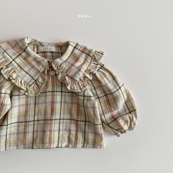 Kids Shirts Baby Girls Long Sleeve Shirt Clothes Korea Spring Ruffle Collar Blouses Clothing Girls Plaid Cotton Sweet Tops Princess Shirt 230317
