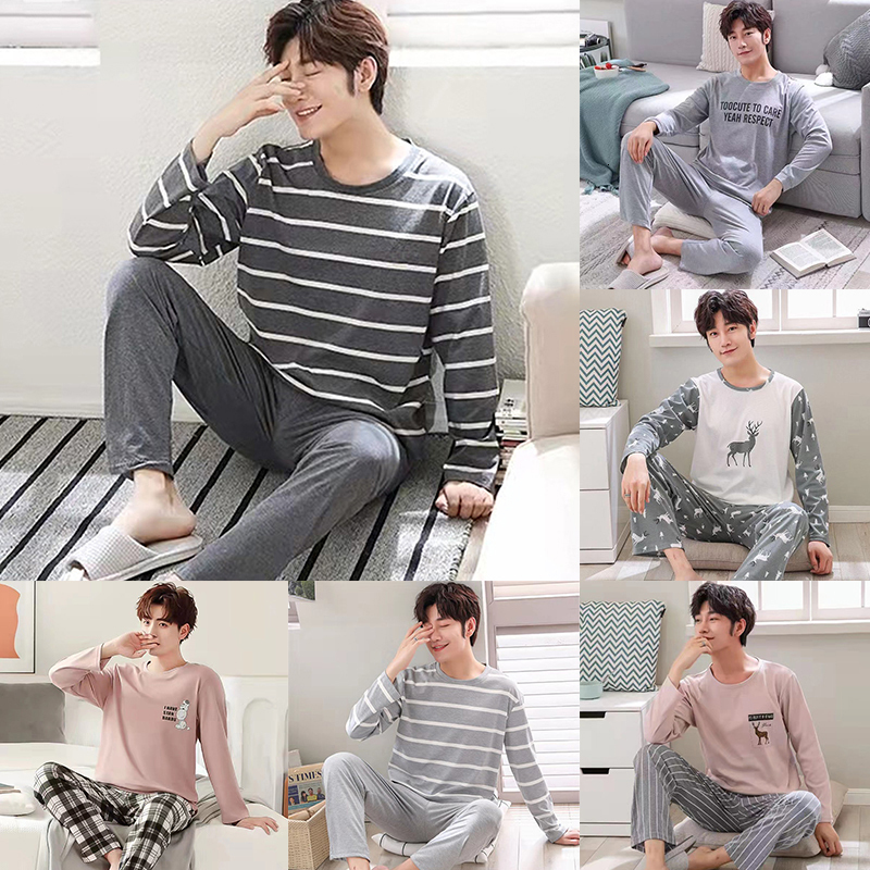Men's Sleepwear Men's Pajamas Set Long Sleeve Trousers 2 Pieces Lounge Sleepwear Letter Striped Lattice Print Nightwear Soft O-neck Homewaer