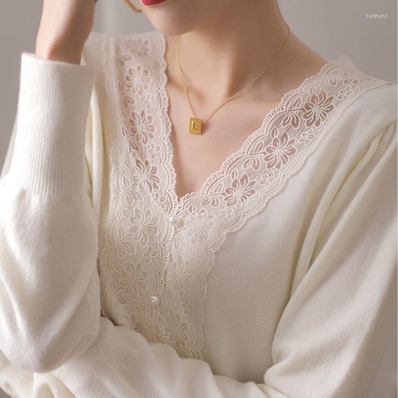 Women's Blouses Autumn Fashion Knitted Lace Blouse Women Elegant Loose Female Shirt Long Sleeve V Neck White Vintage Shirts Tops Blusas, Black 
Women's Blouses Autumn Fashion Knitted Lace Blouse Women Elegant Loose Female Shirt Long Sleeve V Neck White Vintage Shirts Tops Blusas, Black