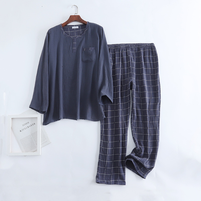 Men's Sleepwear spring and autumn men's 100% cotton crepe round neck plaid pajamas two-piece long-sleeved trousers plus size loungewear suit