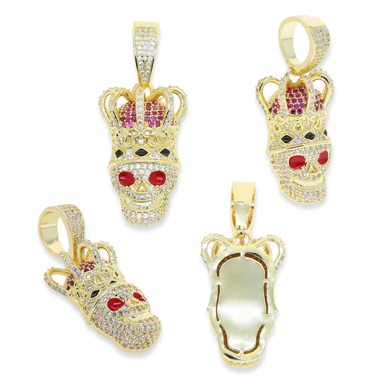 Fashion Bling Cz Paved Crown Shaped Skull Pendant Iced Out Cubic Zirconia Gold Plated Hip Hop Rock Jewelry for men women punk styles necklace drop shi
