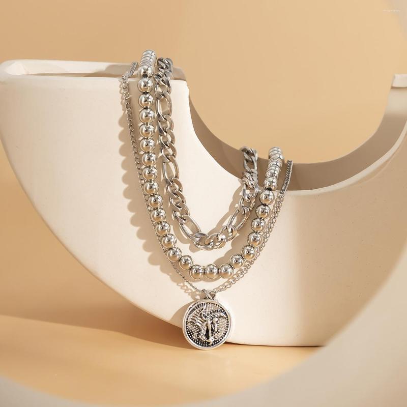 Choker Silver Multi-Layer Beads Long Chain Necklace Punk Portrait Pendant For Women Men Metal Chains Hip Hop Goth Jewelry Gift