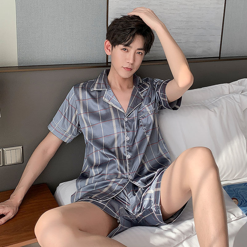 Men's Sleepwear CAIYIER Plus Size 4XL 5XL Men's Pajamas Summer Satin Silk Sleepwear Set Short Sleeve Shorts Boy Leisure Pajama Sets Grid Pri