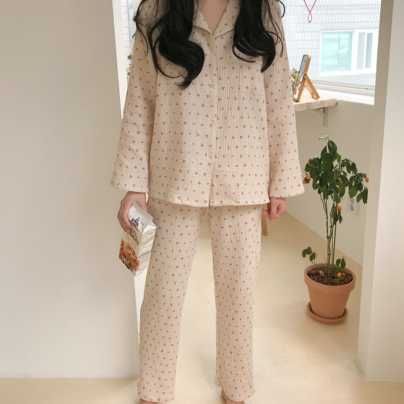 Womens Sleepwear Cotton Linen Set Sweet Cute Cherry Print Pajamas Vintage Kawaii Notched Pocket Home Suit ShirtTrousers Button S890 230317