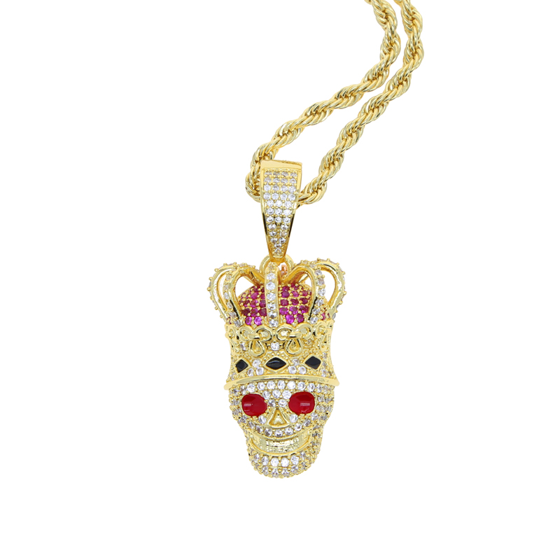 Fashion Bling Cz Paved Crown Shaped Skull Pendant Iced Out Cubic Zirconia Gold Plated Hip Hop Rock Jewelry for men women punk styles necklace drop shi