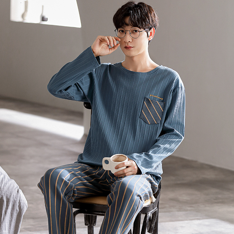 Men's Sleepwear Men's Pajamas Set Autumn Winter Leisure Elastic Waist Men Sleepwear Cotton Men's Long Sleeve Nightwear Trousers Homewea