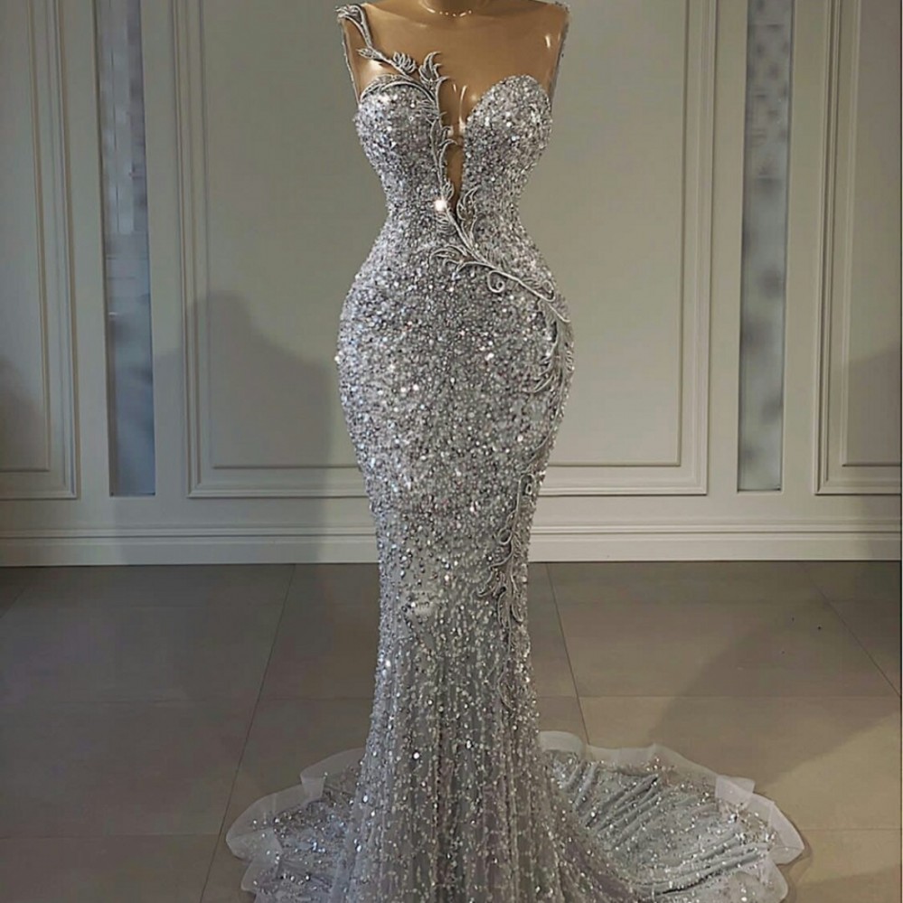 Sier Crystal Evening Dress 2024 Lace Beaded Mermaid Sequined Prom Formal Gowns Sheer Neck Robe De Soiree Vestidos Feast Formales