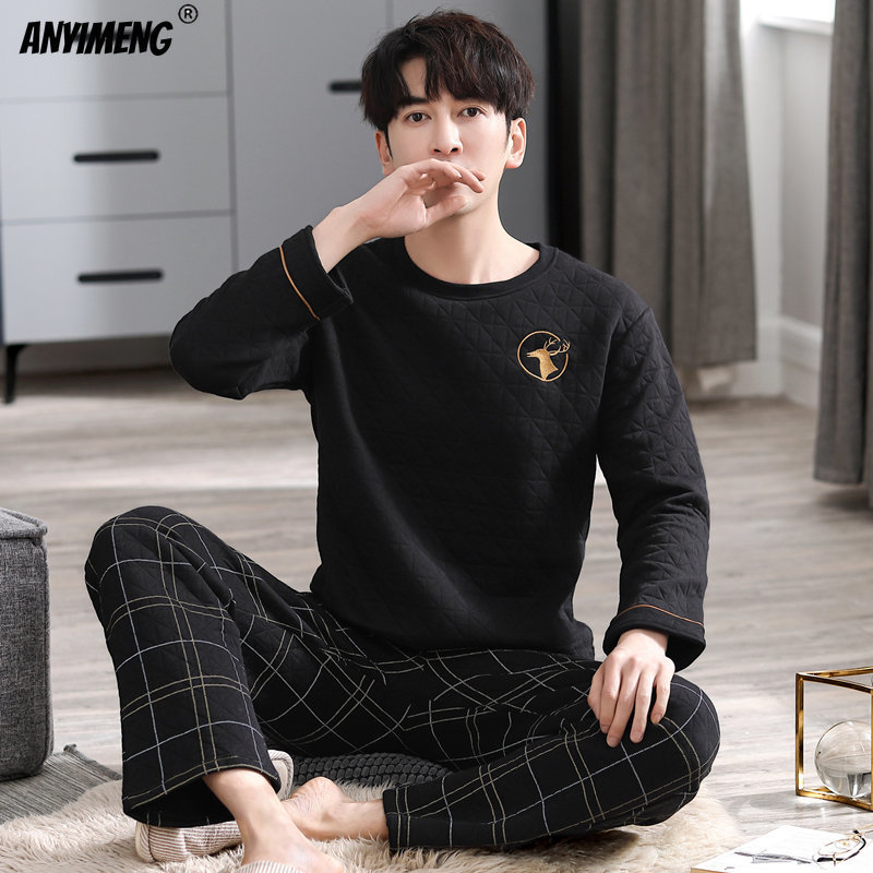 Men's Sleepwear Young Men Winter Three Layer Cotton Pajamas Set Grey Thick Homesuit Plaid Pants Nightwear Men Sleepwear Round Collar Pijamas 2303