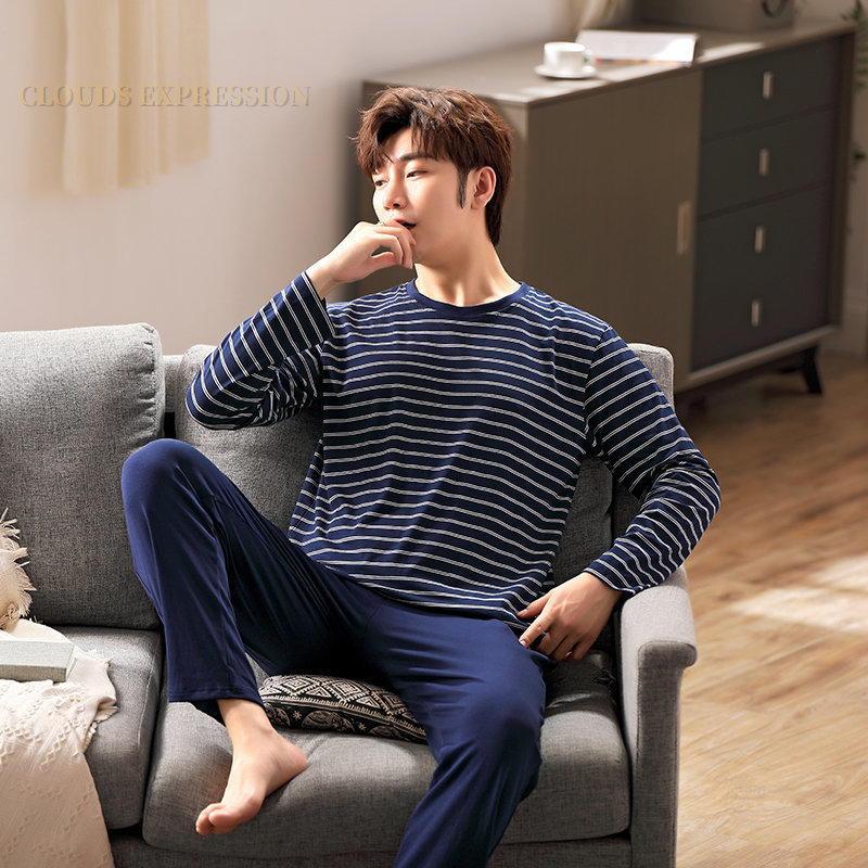 Men's Sleepwear Plus 4XL Spring Knitted Cotton Navy Night Suits Men's Pajama Sets Pyjamas Masculine Sleep Lounge Male Sleepwear Pajamas Fash