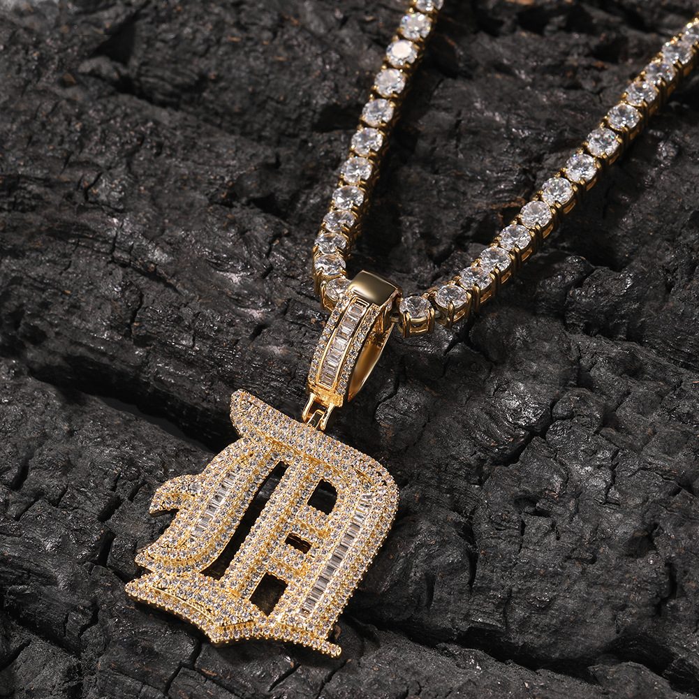 Custom Large Old English Letter A-Z Pendant Necklaces T Zircon Real Gold Plated