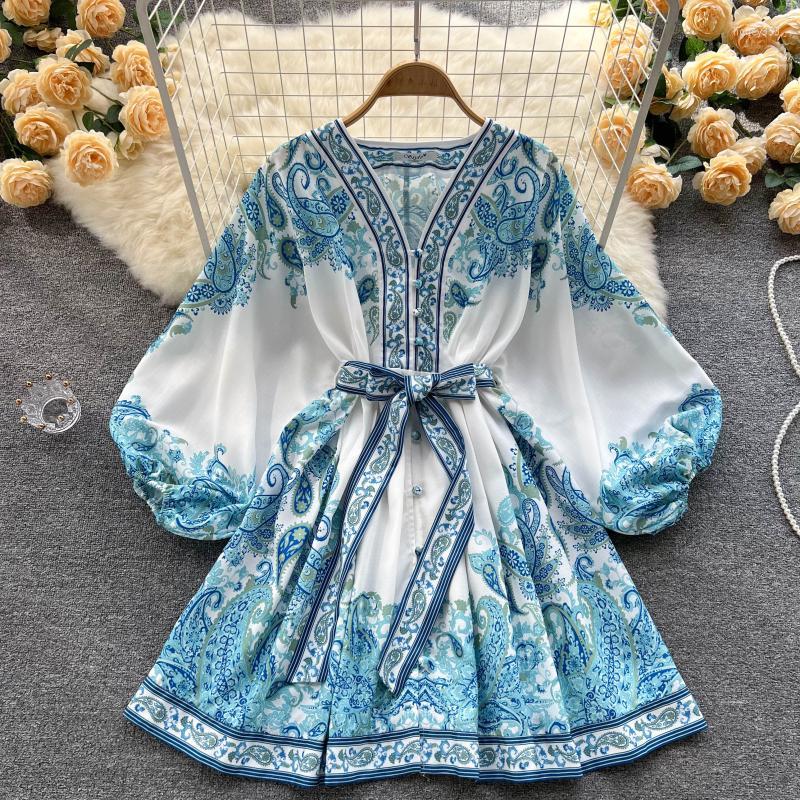 Casual Dresses Women Fashion Spring Autumn Holiday Blue Print Elegant Long Sleeve V-neck Lace-up Dress Single Breasted Vestidos E835
Casual Dresses Women Fashion Spring Autumn Holiday Blue Print Elegant Long Sleeve V-neck Lace-up Dress Single Breasted Vestidos E835