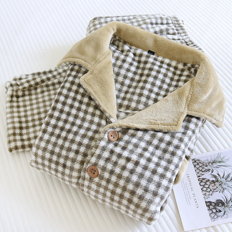 Men's Sleepwear Autumn and winter men's thickened flannel pajamas long-sleeved trousers two-piece plaid buttoned home service suit pajama 23