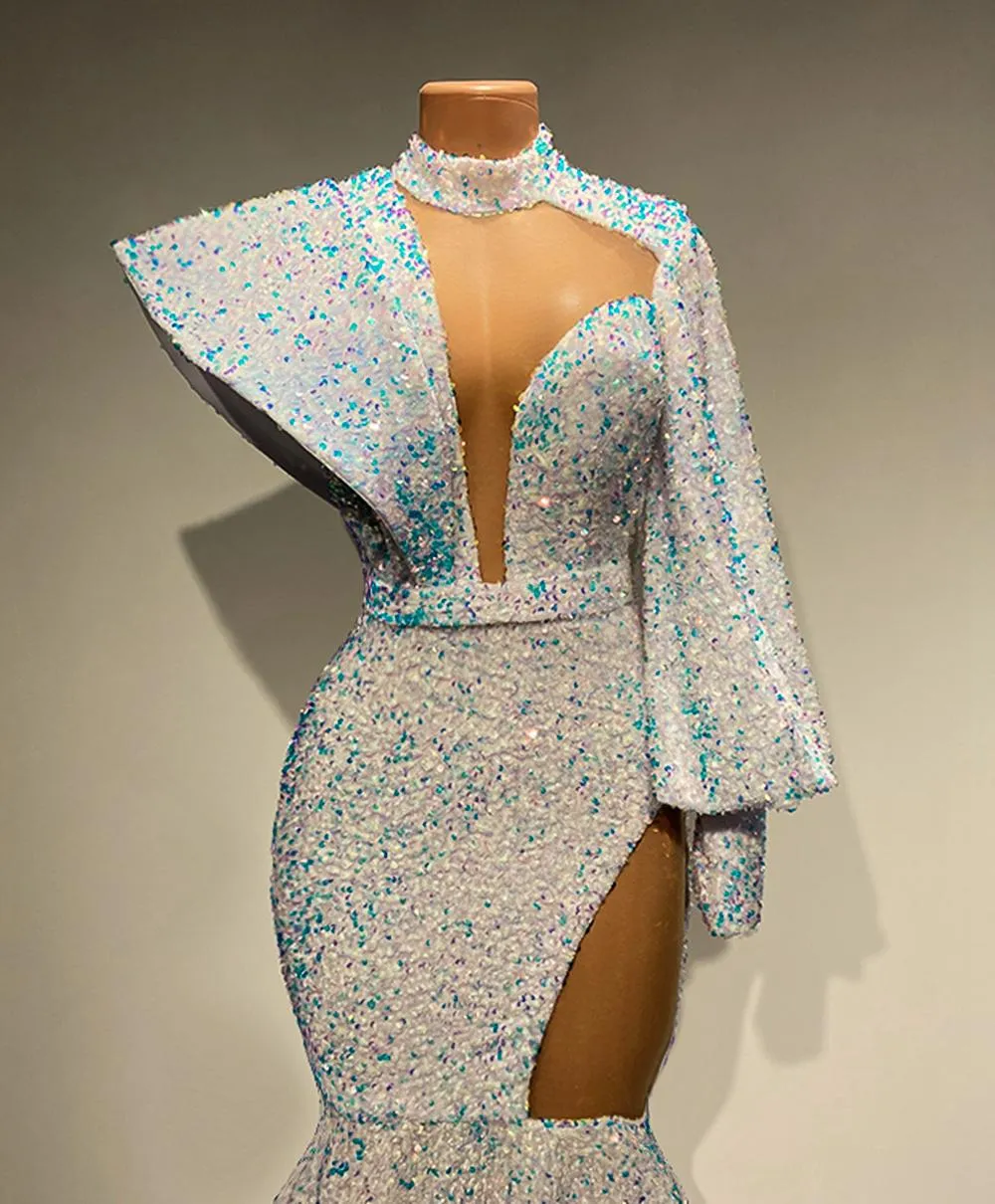 Stunning Long Sleeve High Neck Sexy Mermaid Style White Sparkly Veet Sequin African Black Girls Prom Dresses Bc14555