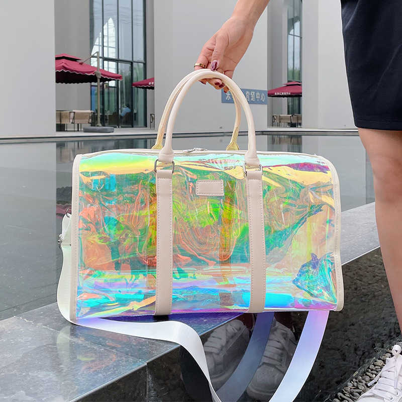 Duffel Bags Colorful Shiny Luggage Bag Transparent Sports Fitness for Men and Women Short Distance Business Travel Large Capacity 230316