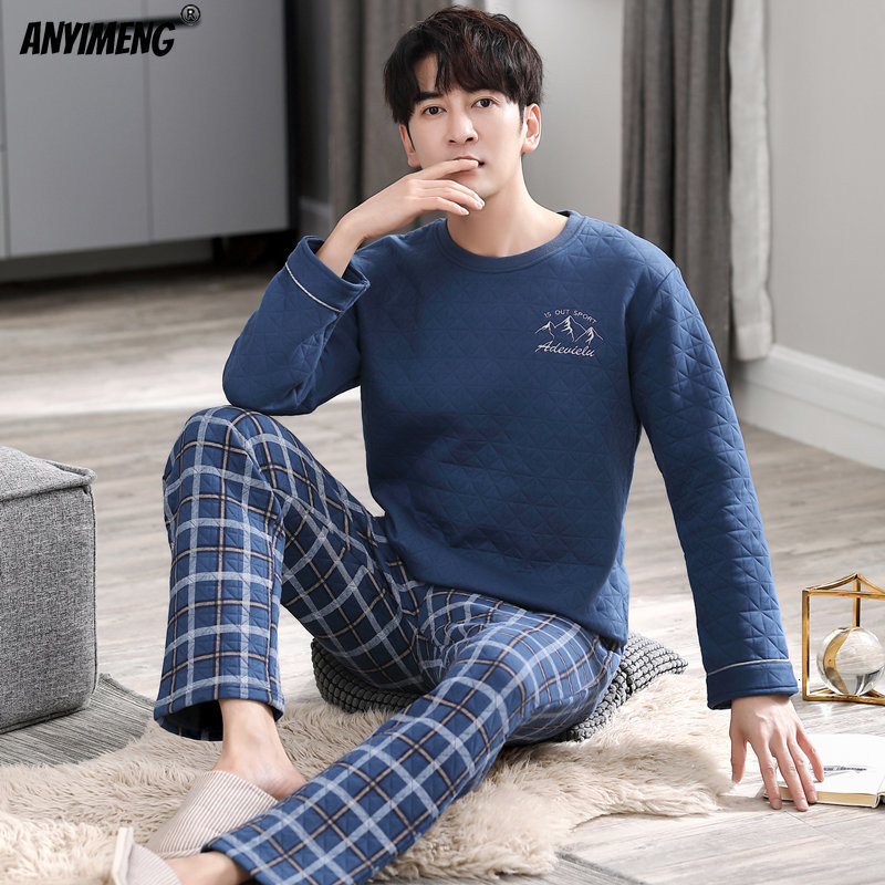 Men's Sleepwear Young Men Winter Three Layer Cotton Pajamas Set Grey Thick Homesuit Plaid Pants Nightwear Men Sleepwear Round Collar Pijamas 2303