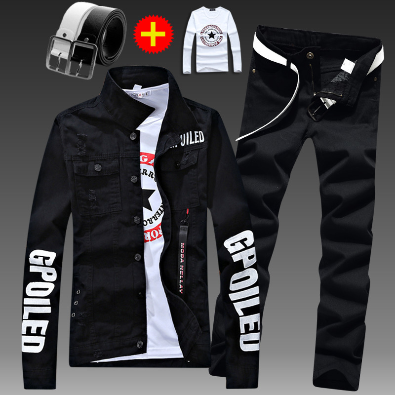 Men's Tracksuits Slim Fit Denim Jacket Pants 2pcs Set Long Sleeve Coats Letters Printed Casual Large Size Black White Red Boys Trousers 230317