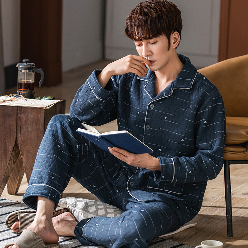 Men's Sleepwear Men laminated air cotton pajamas male geometry print warm pyjamas thin quilted suit long sleeve pajama winter leisure wear 3XL 23