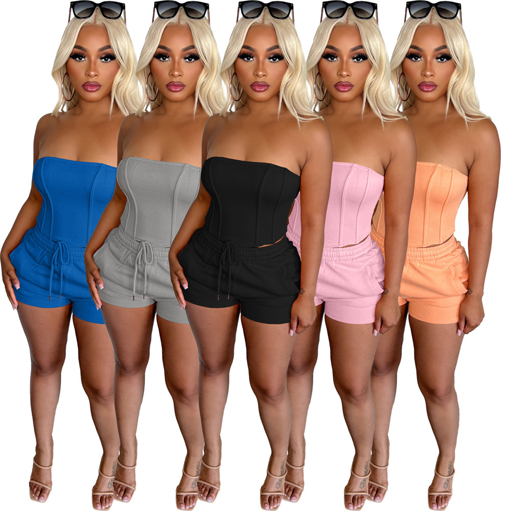 2023 Designer Summer Outfits Women Tracksuits Two Piece Set Sexy Strapless Top and Shorts Matching Sportswear Jogger Suits Fitness Clothes Bulk Wholes