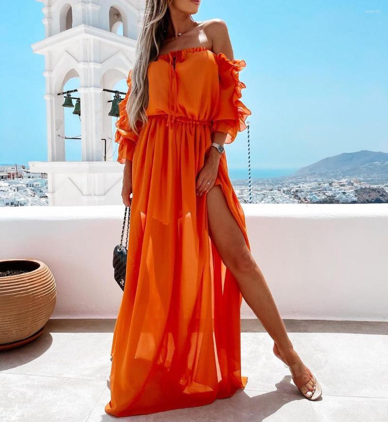 Party Dresses Women Solid Color Long Dress 3/4 Sleeve Off-shoulder Side Split Elastic Waist With Ruffles, Blue
Party Dresses Women Solid Color Long Dress 3/4 Sleeve Off-shoulder Side Split Elastic Waist With Ruffles, Blue