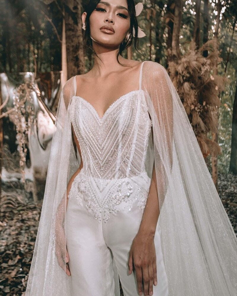 Sparkle Jumpsuit Country Wedding Dress 2023 With Long Shoulder Sexy V Neck Satin Pant Beach Boho Bridal Gowns Elegant Beaded vestidos de novia robe de