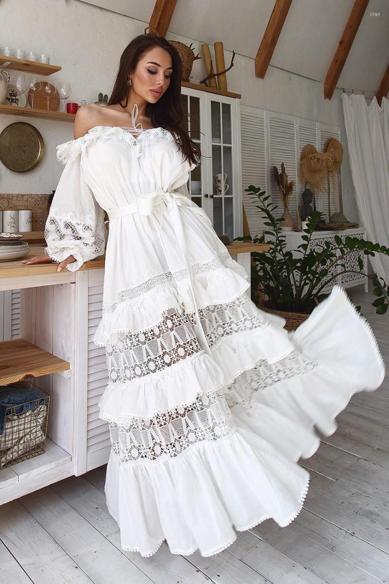 Casual Dresses Spring Summer Women Lace Sexy Hollow Out Strapless Long Lantern Sleeve Maxi Elegant Vestidos, White
Casual Dresses Spring Summer Women Lace Sexy Hollow Out Strapless Long Lantern Sleeve Maxi Elegant Vestidos, White