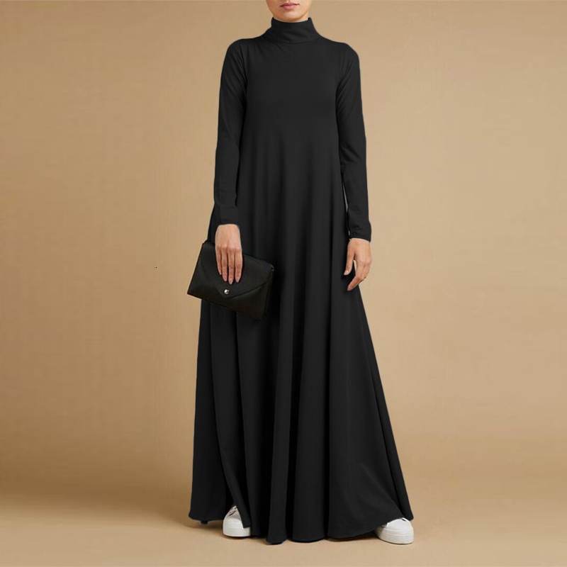 Ethnic Clothing Muslim Dresses Abayas For Women Vintage Solid Maxi Dress Women's Turtleneck Sundress Casual Long Sleeve Vestidos S-5Xl 230317