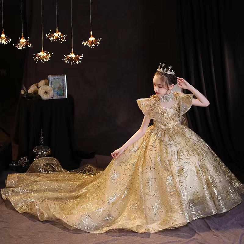 Handmade Flower Girls Dresses necklace Bead Princess Kids crystal sequined long tain Bridesmaid Dress princess Girl Pageant Ball Gown Toddler Gowns