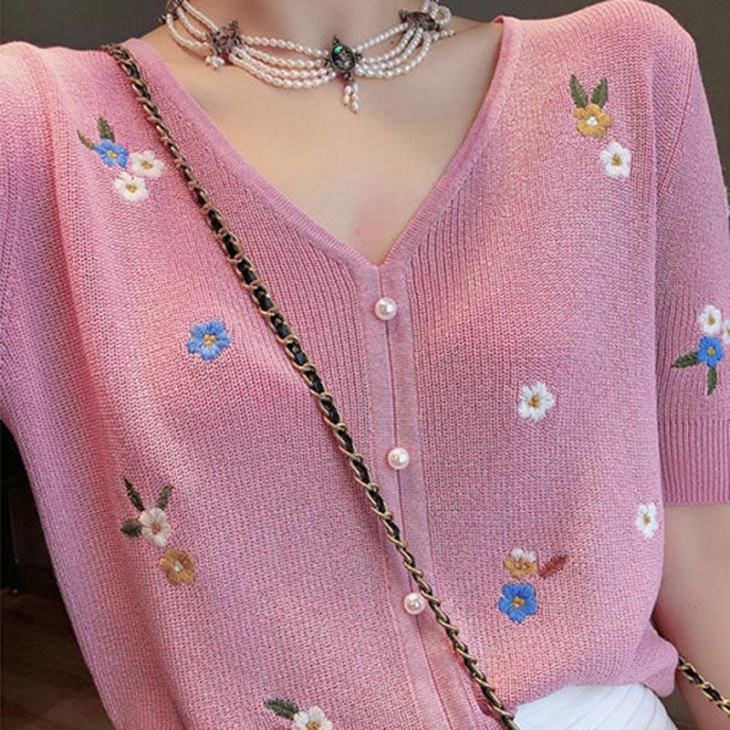 Women's Knits & Tees Thin Summer Knitted Cardigans Women Embroidery Fashion Cardigan Top Sweaters V-neck Single-breasted Ice Silk CropWomen', Green 
Women's Knits & Tees Thin Summer Knitted Cardigans Women Embroidery Fashion Cardigan Top Sweaters V-neck Single-breasted Ice Silk CropWomen', Green