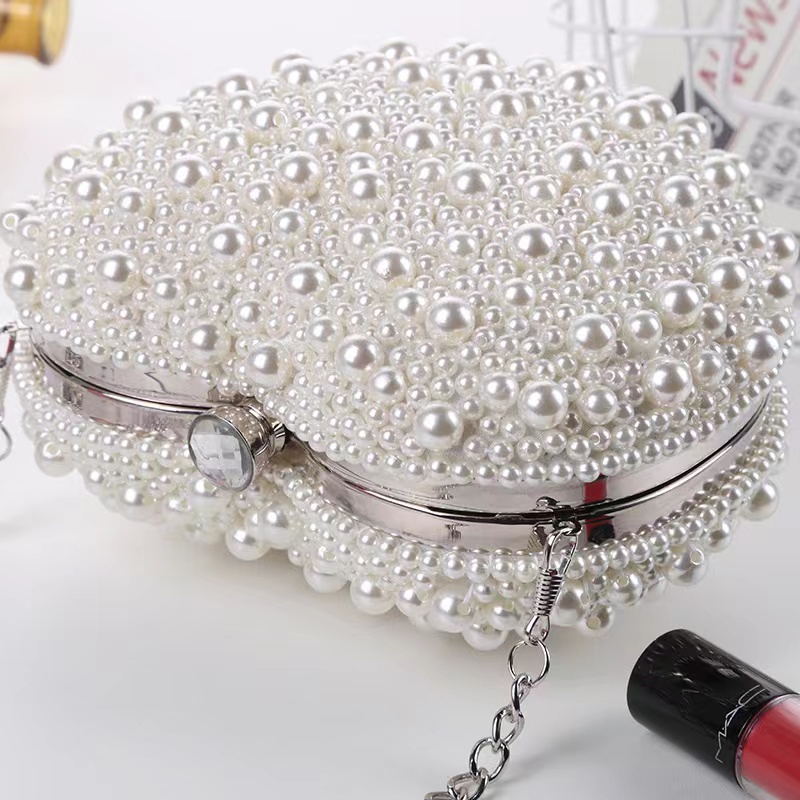 Pearls Heart Shaped Handbags Wedding Clutch Purse Full Side Beads Mini Wallets With Chain Shoulder Bags For Girls Women