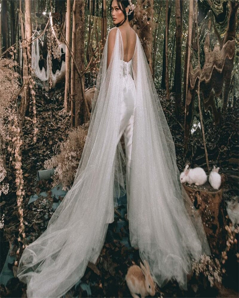 Sparkle Jumpsuit Country Wedding Dress 2023 With Long Shoulder Sexy V Neck Satin Pant Beach Boho Bridal Gowns Elegant Beaded vestidos de novia robe de