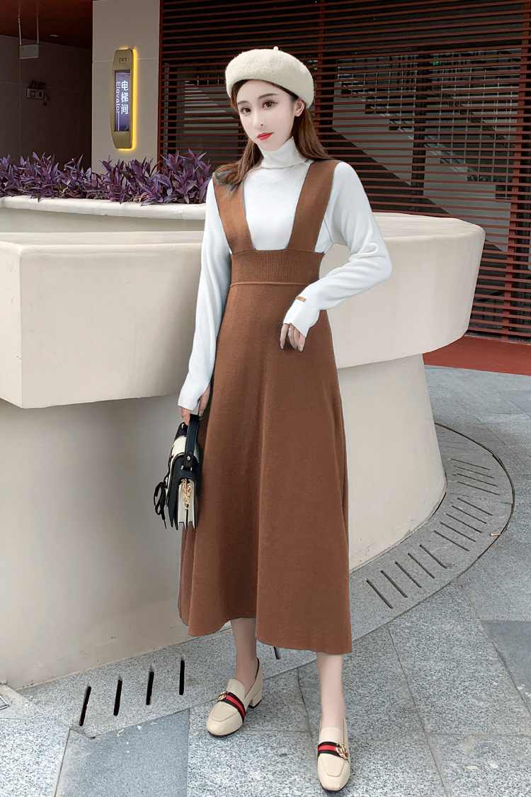 Womens turtleneck sweater and knitted spaghetti strap suspender a-line midi long dress