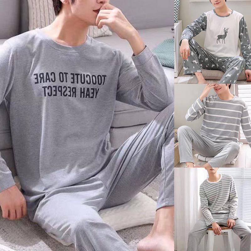Men's Sleepwear Men's Pajamas Set Long Sleeve Trousers 2 Pieces Lounge Sleepwear Letter Striped Lattice Print Nightwear Soft O-neck Homewaer