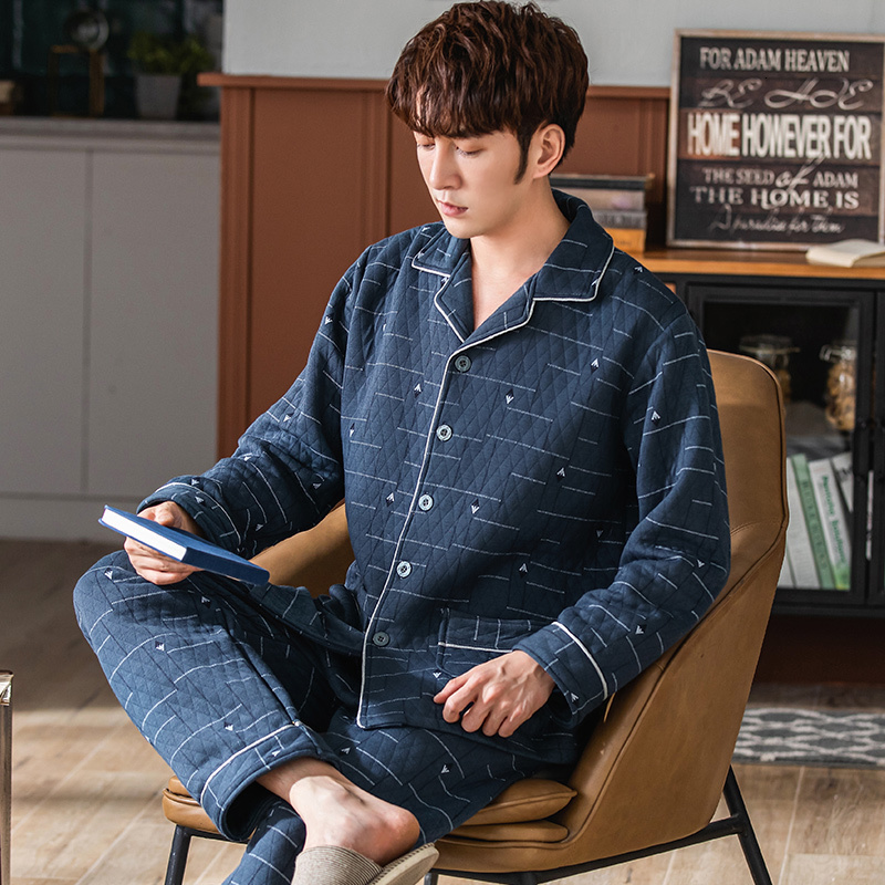 Men's Sleepwear Men laminated air cotton pajamas male geometry print warm pyjamas thin quilted suit long sleeve pajama winter leisure wear 3XL 23