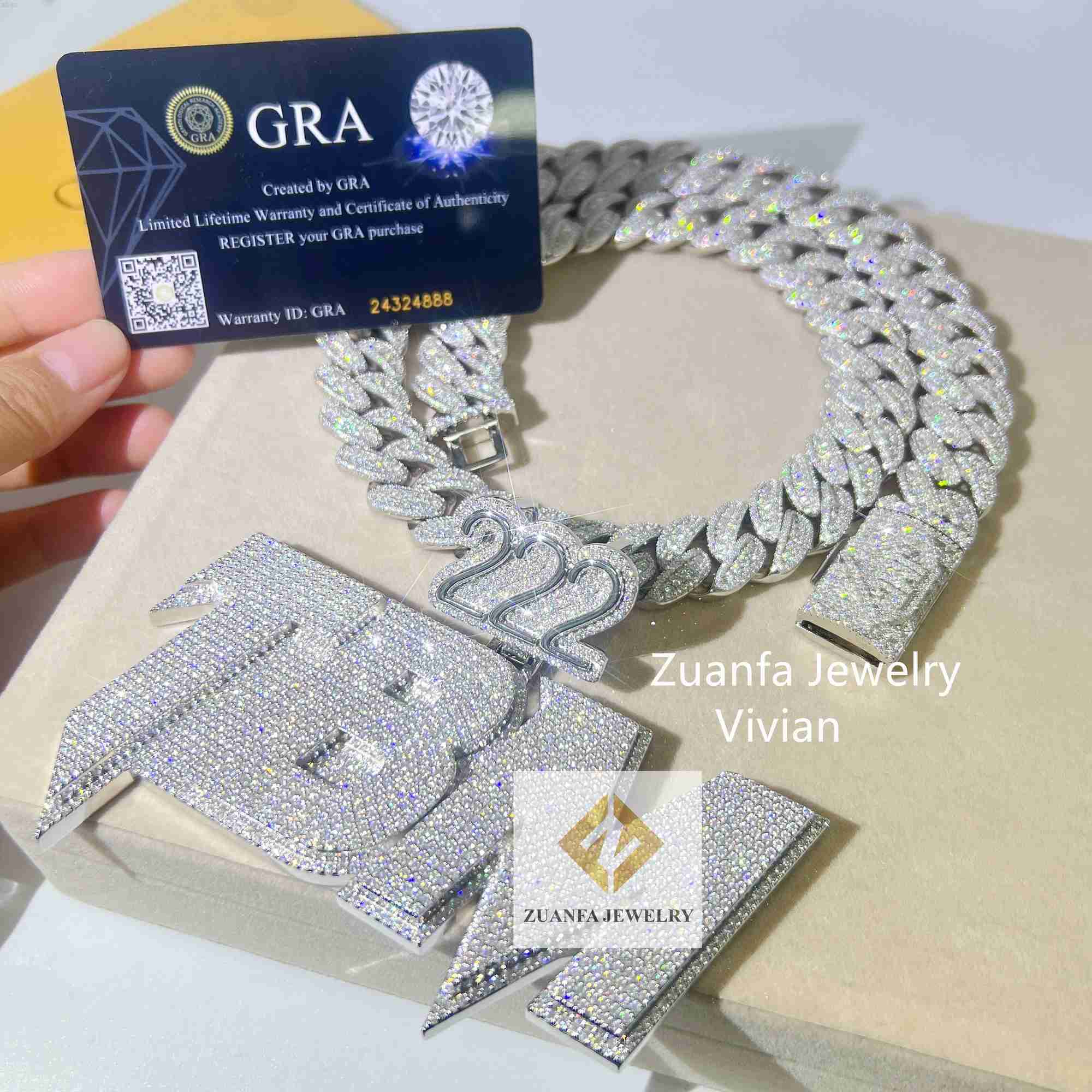 Free Custom Clasp Hip Hop Necklace Silver 925 Vvs Moissanite Diamond Miami Cuban Men Pendant Necklace