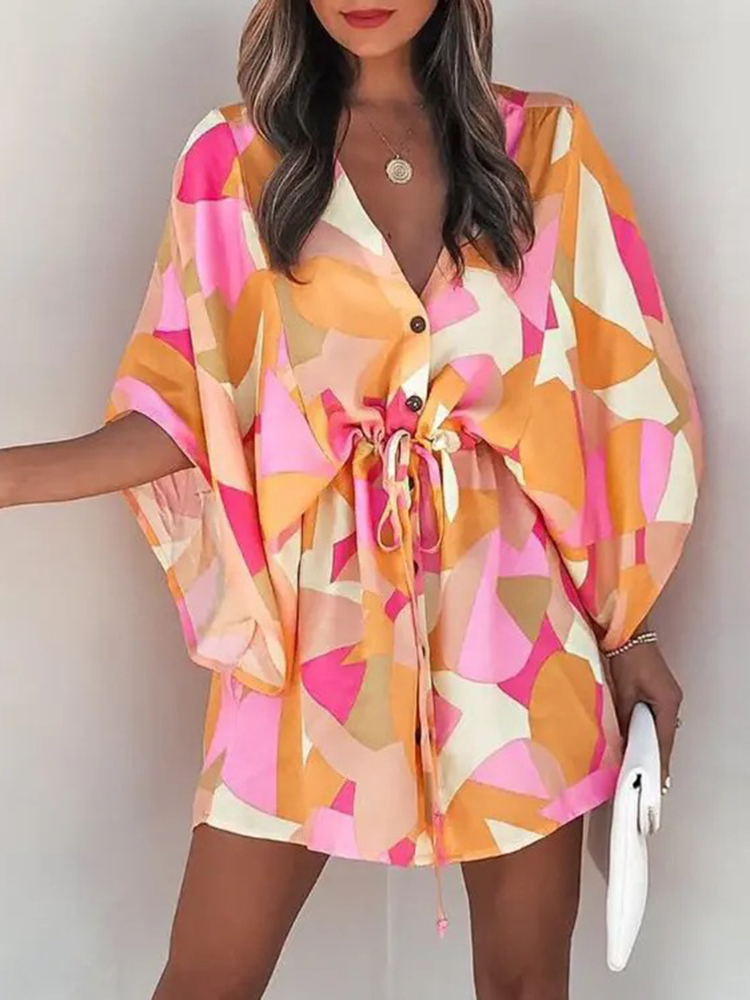 Casual Dresses Casual Boho Beach Vacation Mini Dress Women Summer Print Lace Up Button Batwing Sleeve Dresses For Women's Loose Female Robe 23031