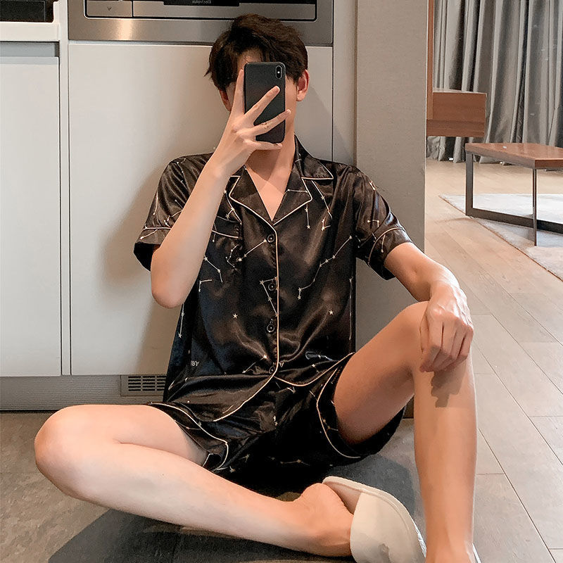 Men's Sleepwear CAIYIER Plus Size 4XL 5XL Men's Pajamas Summer Satin Silk Sleepwear Set Short Sleeve Shorts Boy Leisure Pajama Sets Grid Pri
