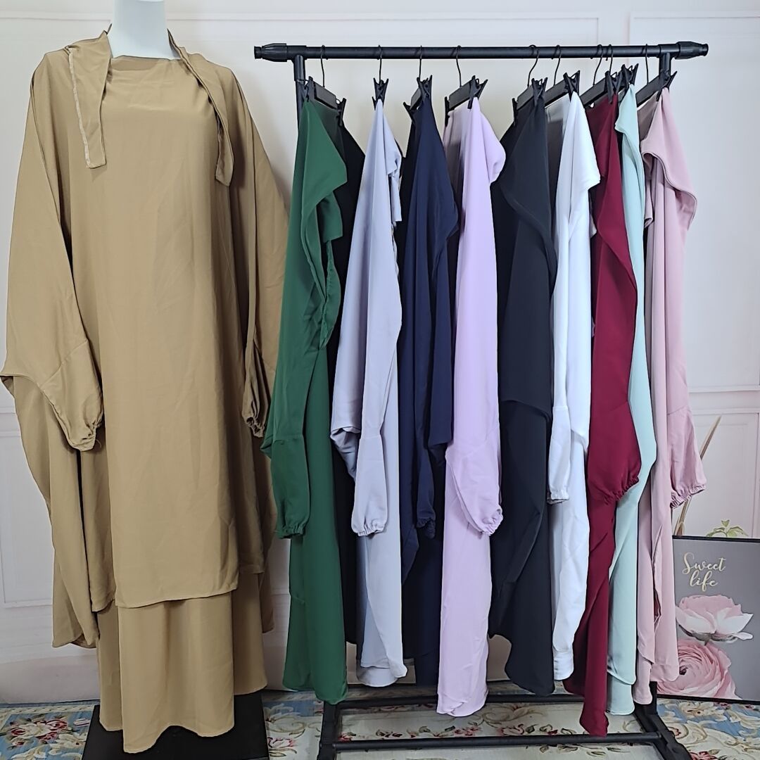 2 Piece Jilbab Set Muslim Women Hijab Dress Prayer Garment Abaya Long Khimar Ramadan Arab Gown Abayas Sets Islamic Clothes Robe Polyester Broadcloth C