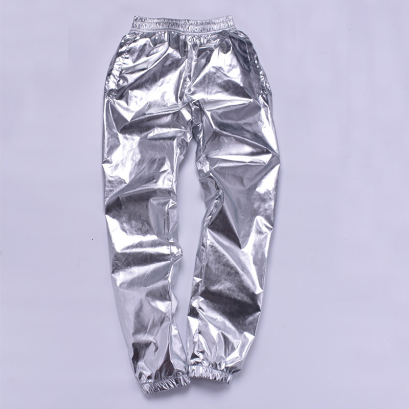 Mens Pants Hip Hop Men Shiny Silver Street Dance Pants Mens Jogger Pants Elastic Waist Hiphop Dancing Trousers Streetwear 230317