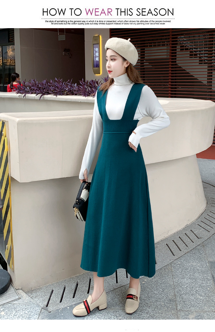 Womens turtleneck sweater and knitted spaghetti strap suspender a-line midi long dress